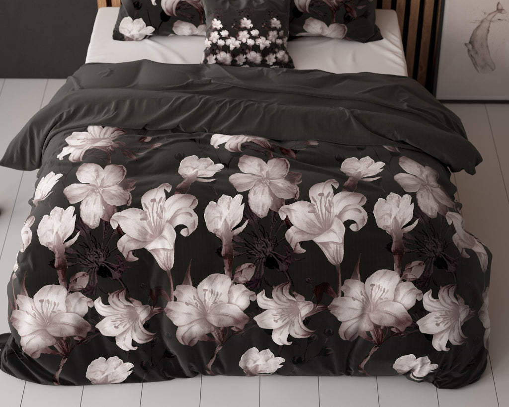 Dekbedovertrek katoen-polyester bloemenprint zwart 200 x 220 cm, met kussenslopen 60 x 70 cm