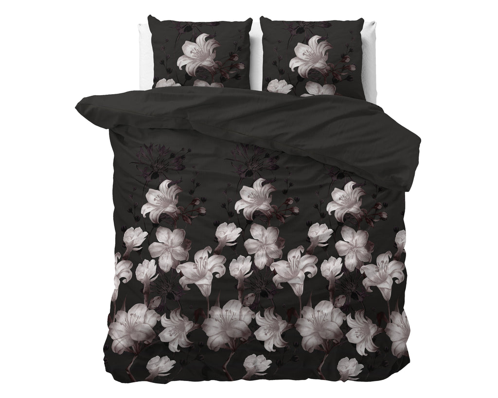 Dekbedovertrek katoen-polyester bloemenprint zwart 240 x 220 cm, met 2 kussenslopen 60 x 70 cm