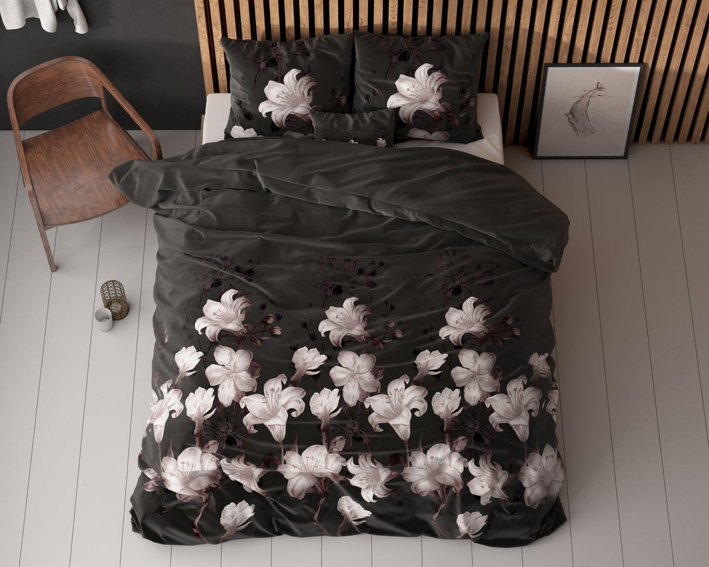 Dekbedovertrek katoen-polyester bloemenprint zwart 240 x 220 cm, met 2 kussenslopen 60 x 70 cm