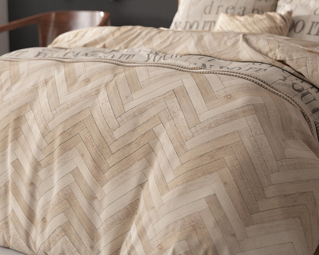 Dekbedovertrek katoen-polyester visgraat zand 240 x 220 cm, met kussenslopen 60 x 70 cm