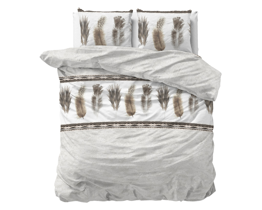 Dekbedovertrek katoen-polyester verenprint grijs 200 x 220 cm, met kussenslopen 60 x 70 cm