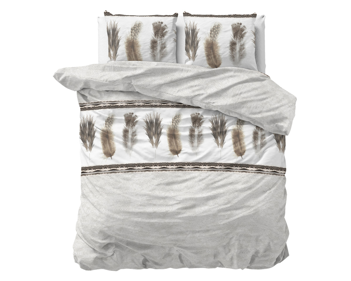 Dekbedovertrek katoen-polyester verenprint grijs 200 x 220 cm, met kussenslopen 60 x 70 cm