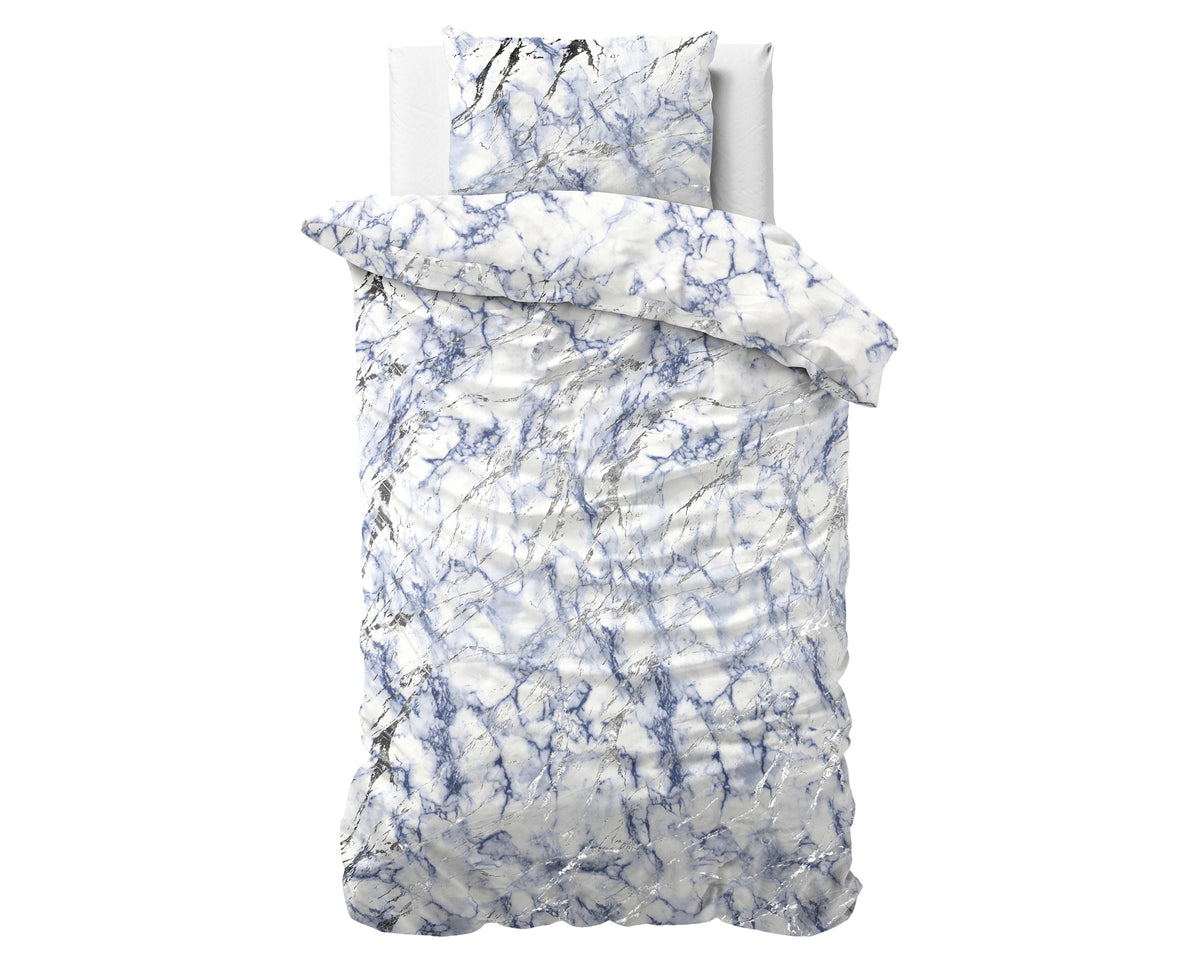 Dekbedovertrek micropercal polyester blauw marmerprint 140 x 220 cm, met kussenslopen voor de slaapkamer