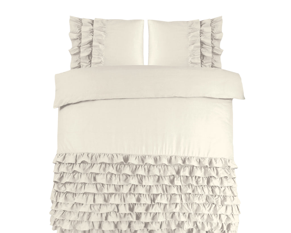Dekbedovertrek katoen percale T144 crème met ruches 240 x 220 cm, met 2 kussenslopen 60 x 70 cm