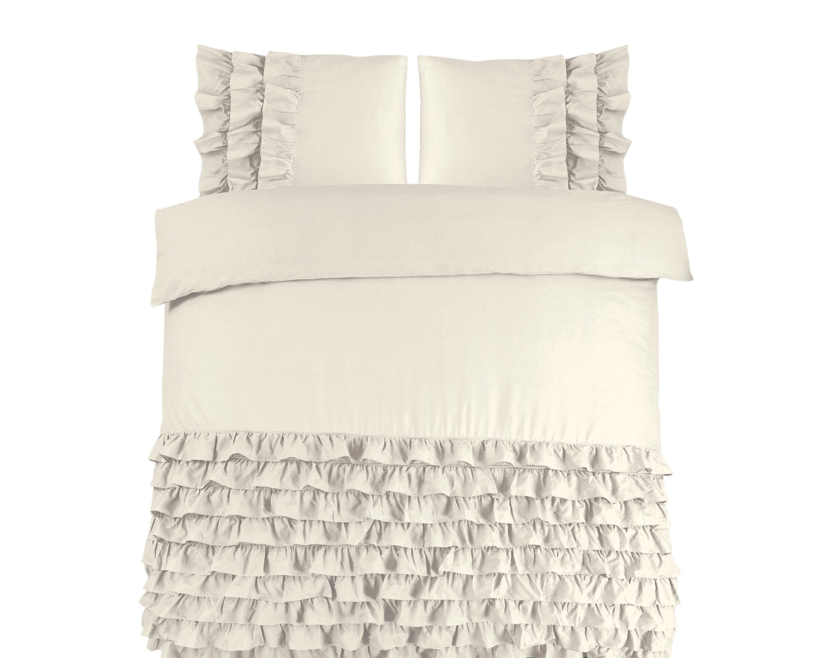 Dekbedovertrek katoen percale T144 crème met ruches 240 x 220 cm, met 2 kussenslopen 60 x 70 cm