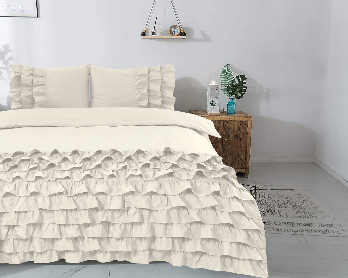 Dekbedovertrek katoen percale T144 crème met ruches 240 x 220 cm, met 2 kussenslopen 60 x 70 cm