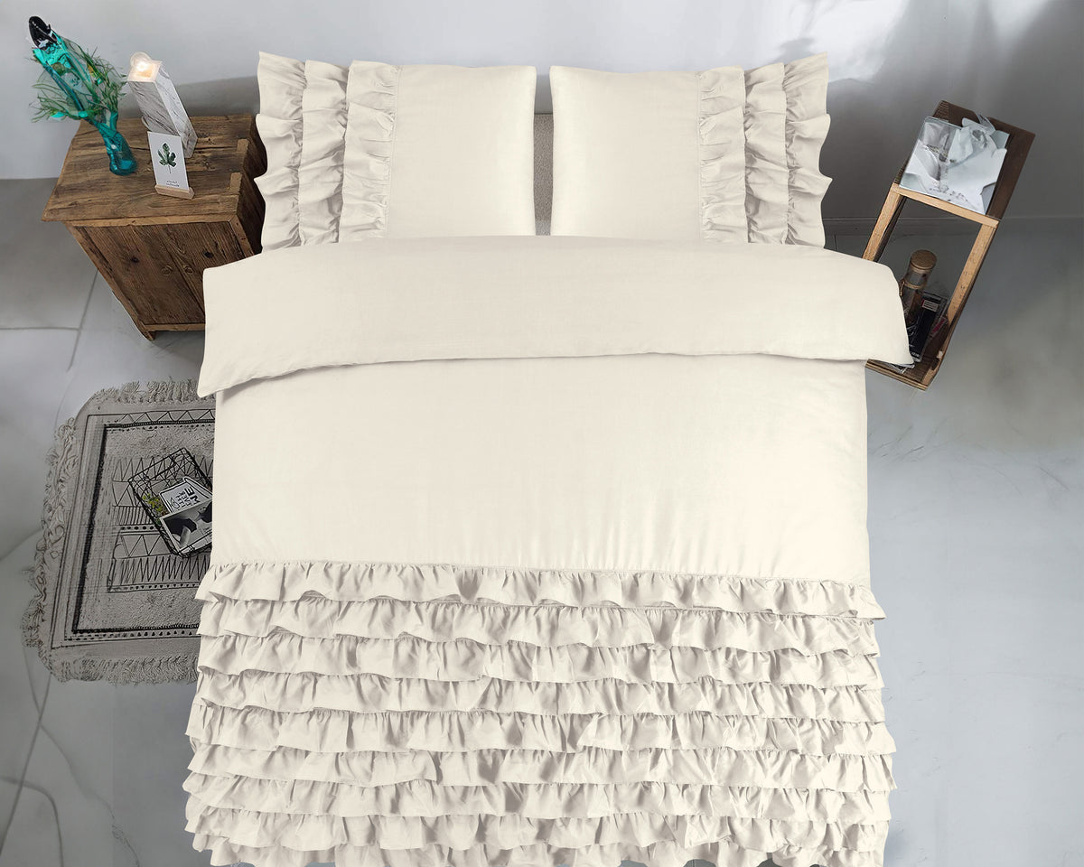 Dekbedovertrek katoen percale T144 crème met ruches 240 x 220 cm, met 2 kussenslopen 60 x 70 cm
