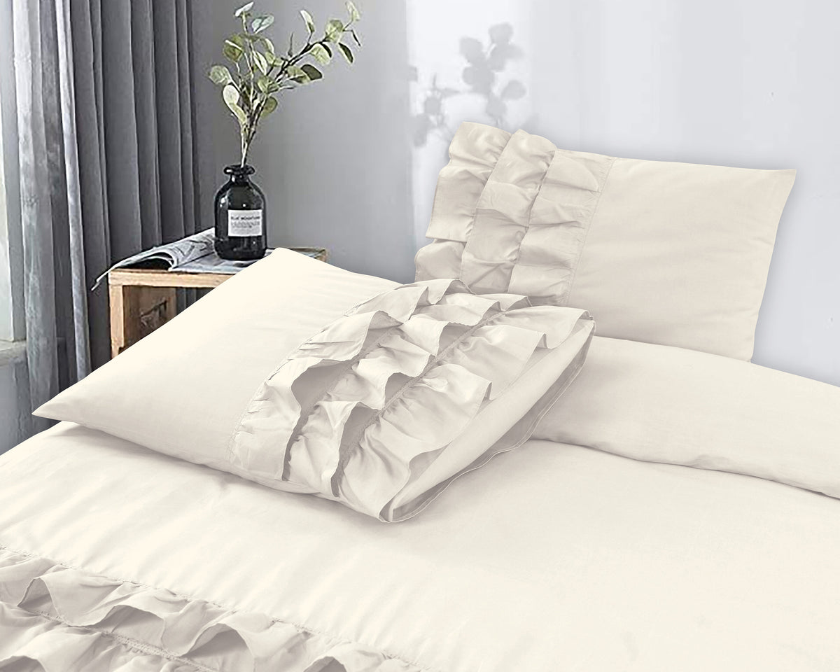Dekbedovertrek katoen percale T144 crème met ruches 240 x 220 cm, met 2 kussenslopen 60 x 70 cm