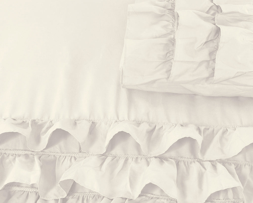 Dekbedovertrek katoen percale T144 crème met ruches 240 x 220 cm, met 2 kussenslopen 60 x 70 cm