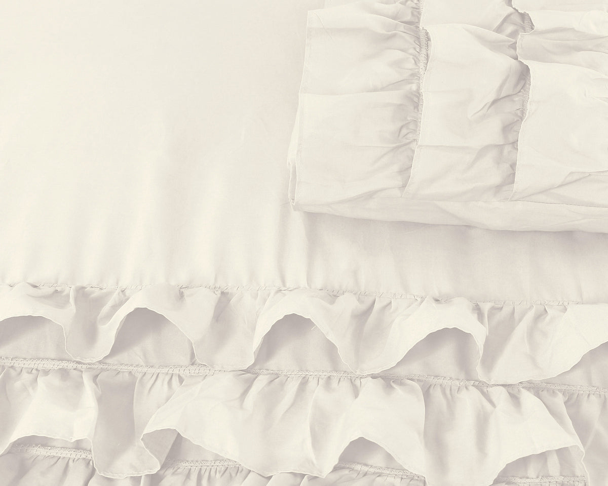 Dekbedovertrek katoen percale T144 crème met ruches 240 x 220 cm, met 2 kussenslopen 60 x 70 cm