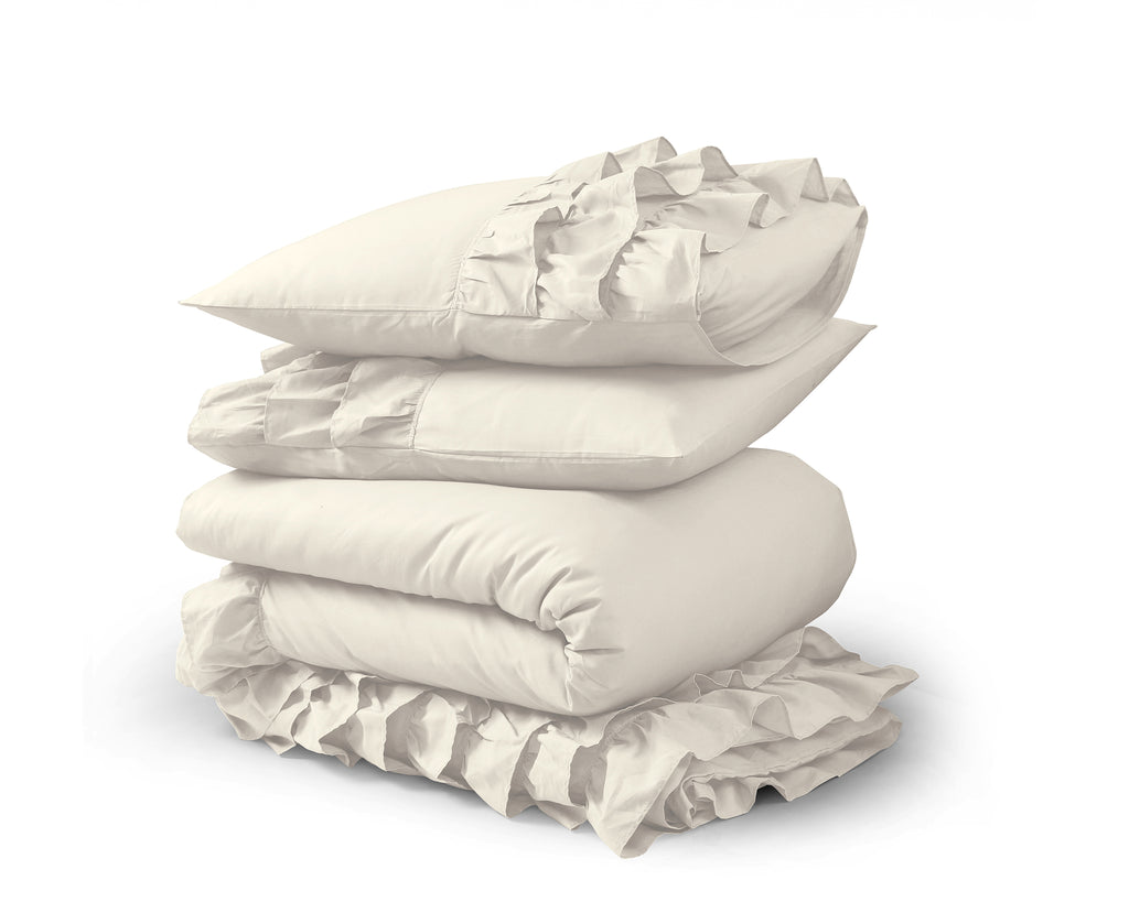 Dekbedovertrek katoen percale T144 crème met ruches 240 x 220 cm, met 2 kussenslopen 60 x 70 cm