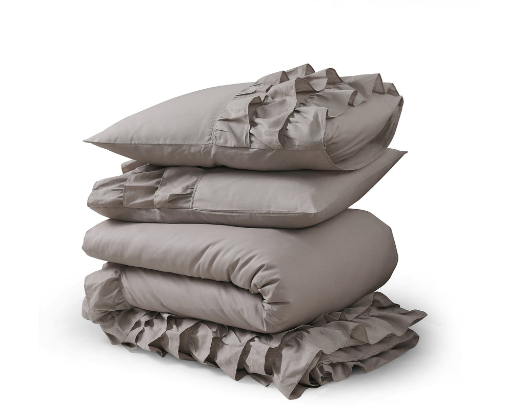 Dekbedovertrek percale katoen Cyprus taupe met ruches 140 x 220 cm, met kussensloop 60 x 70 cm