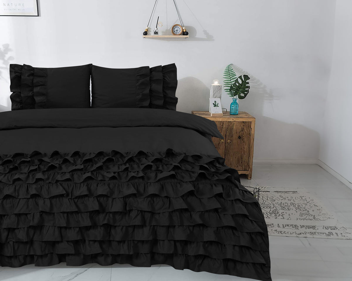 Dekbedovertrek percale katoen Cyprus zwart met ruches 200 x 220 cm, met 2 kussenslopen 60 x 70 cm