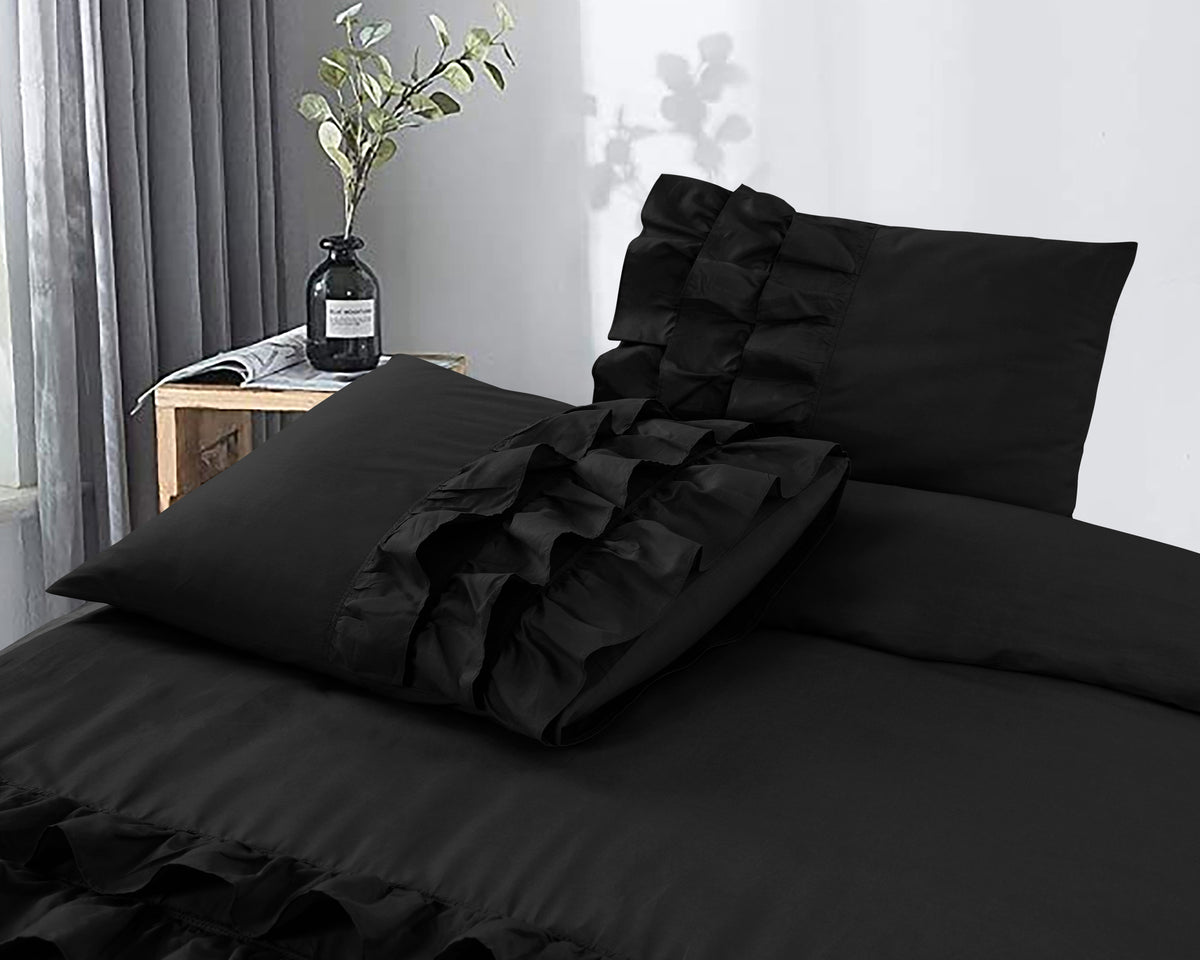 Dekbedovertrek percale katoen Cyprus zwart met ruches 200 x 220 cm, met 2 kussenslopen 60 x 70 cm