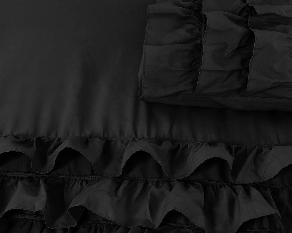 Dekbedovertrek percale katoen Cyprus zwart met ruches 200 x 220 cm, met 2 kussenslopen 60 x 70 cm