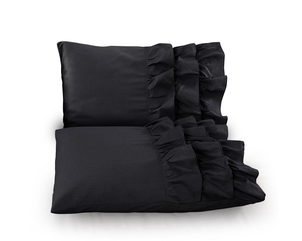 Dekbedovertrek percale katoen Cyprus zwart met ruches 200 x 220 cm, met 2 kussenslopen 60 x 70 cm