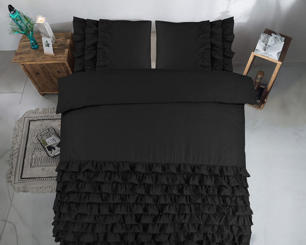 Dekbedovertrek percale katoen T144 Cyprus met ruches, zwart, 240 x 220 cm, met 2 kussenslopen 60 x 70 cm