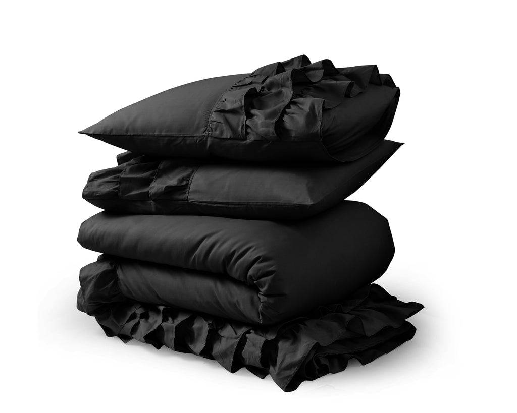 Dekbedovertrek percale katoen T144 Cyprus met ruches, zwart, 240 x 220 cm, met 2 kussenslopen 60 x 70 cm