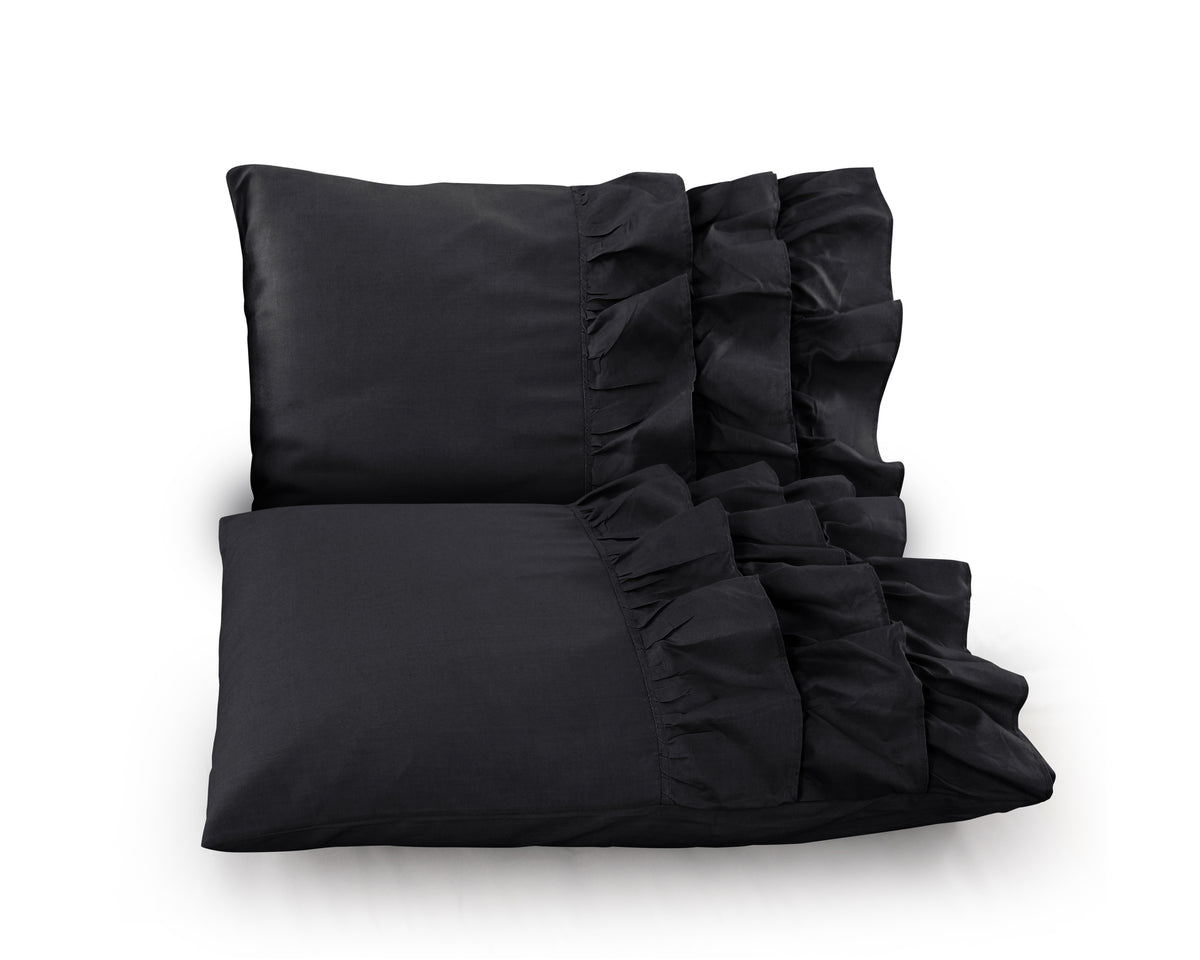 Dekbedovertrek percale katoen T144 Cyprus met ruches, zwart, 240 x 220 cm, met 2 kussenslopen 60 x 70 cm