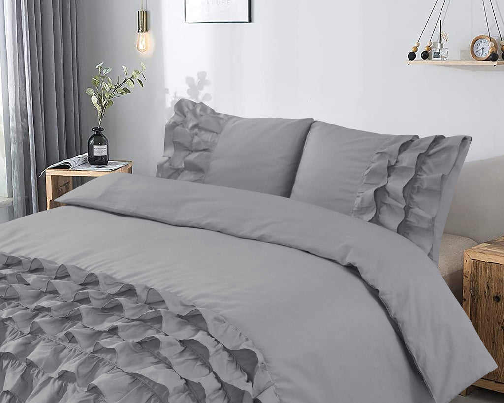 Dekbedovertrek percale katoen T144 Cyprus met ruches grijs 200 x 220 cm, met 2 kussenslopen 60 x 70 cm