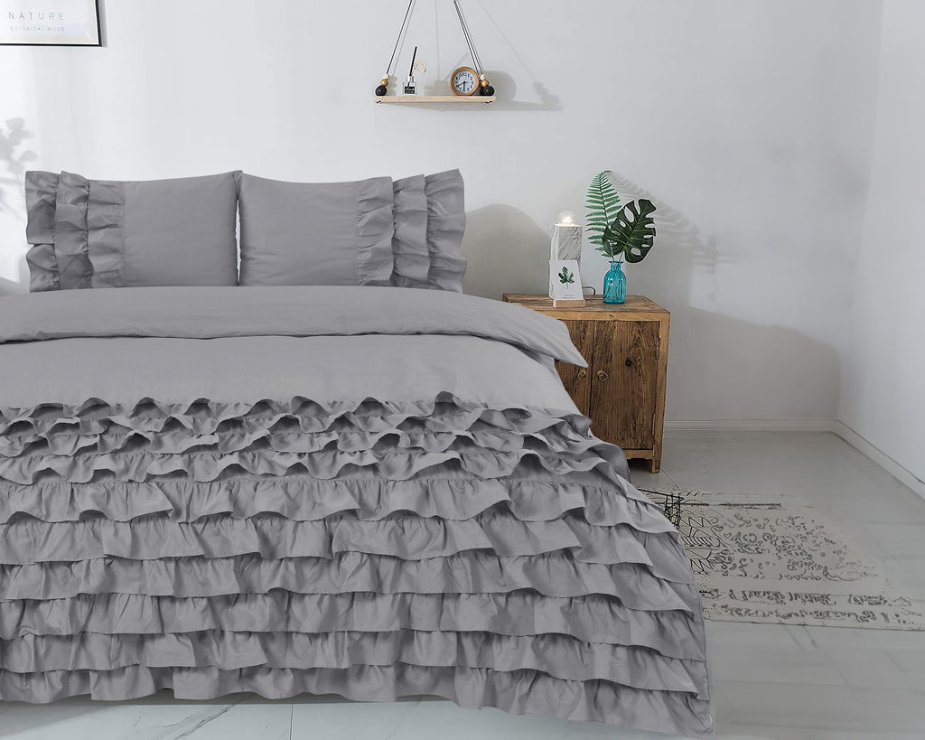 Dekbedovertrek percale katoen T144 Cyprus met ruches grijs 200 x 220 cm, met 2 kussenslopen 60 x 70 cm