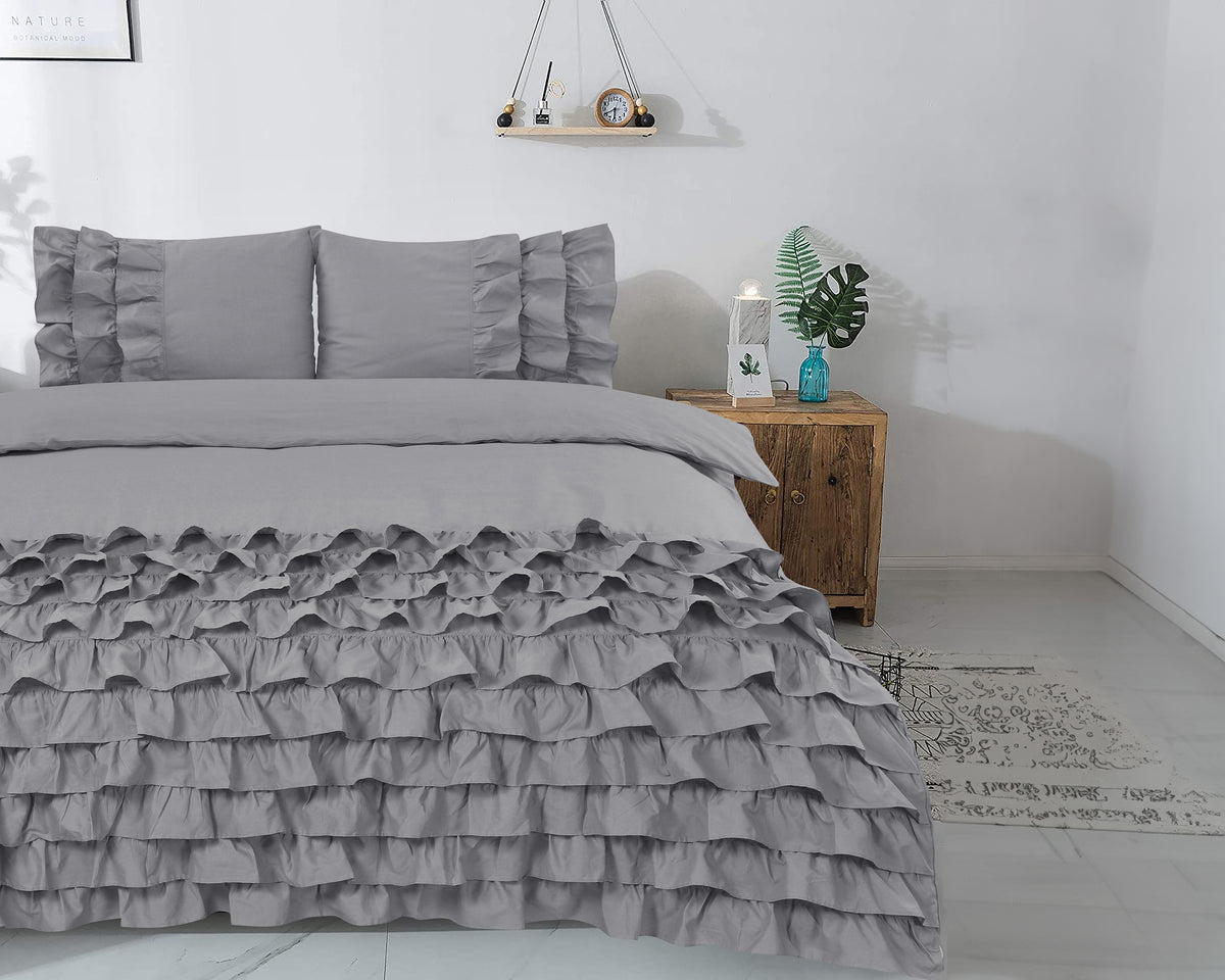 Dekbedovertrek percale katoen T144 Cyprus met ruches grijs 200 x 220 cm, met 2 kussenslopen 60 x 70 cm