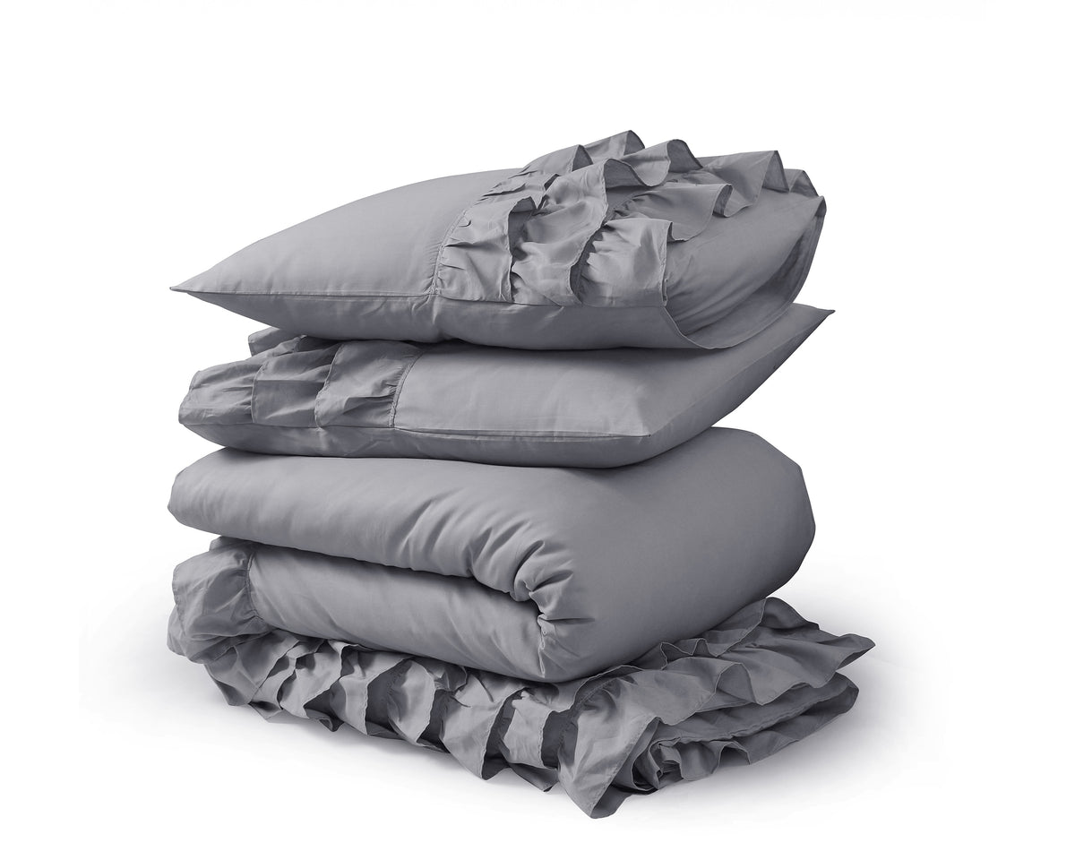Dekbedovertrek percale katoen T144 Cyprus met ruches grijs 200 x 220 cm, met 2 kussenslopen 60 x 70 cm