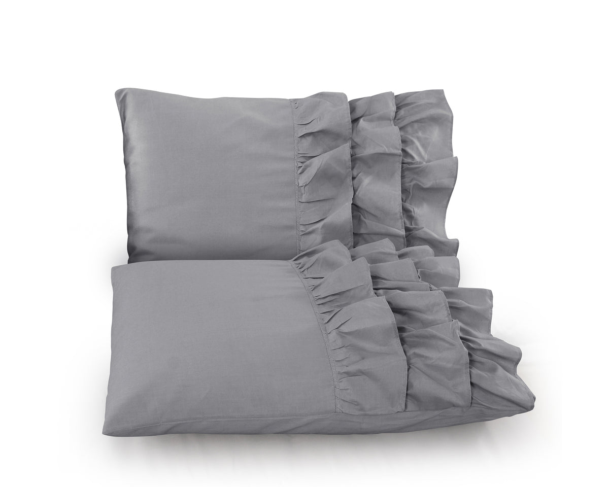 Dekbedovertrek percale katoen T144 Cyprus met ruches grijs 200 x 220 cm, met 2 kussenslopen 60 x 70 cm