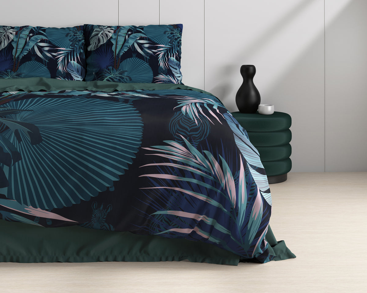 Dekbedovertrek katoensatijn botanisch blauw 200 x 220 cm, met kussenslopen 60 x 70 cm