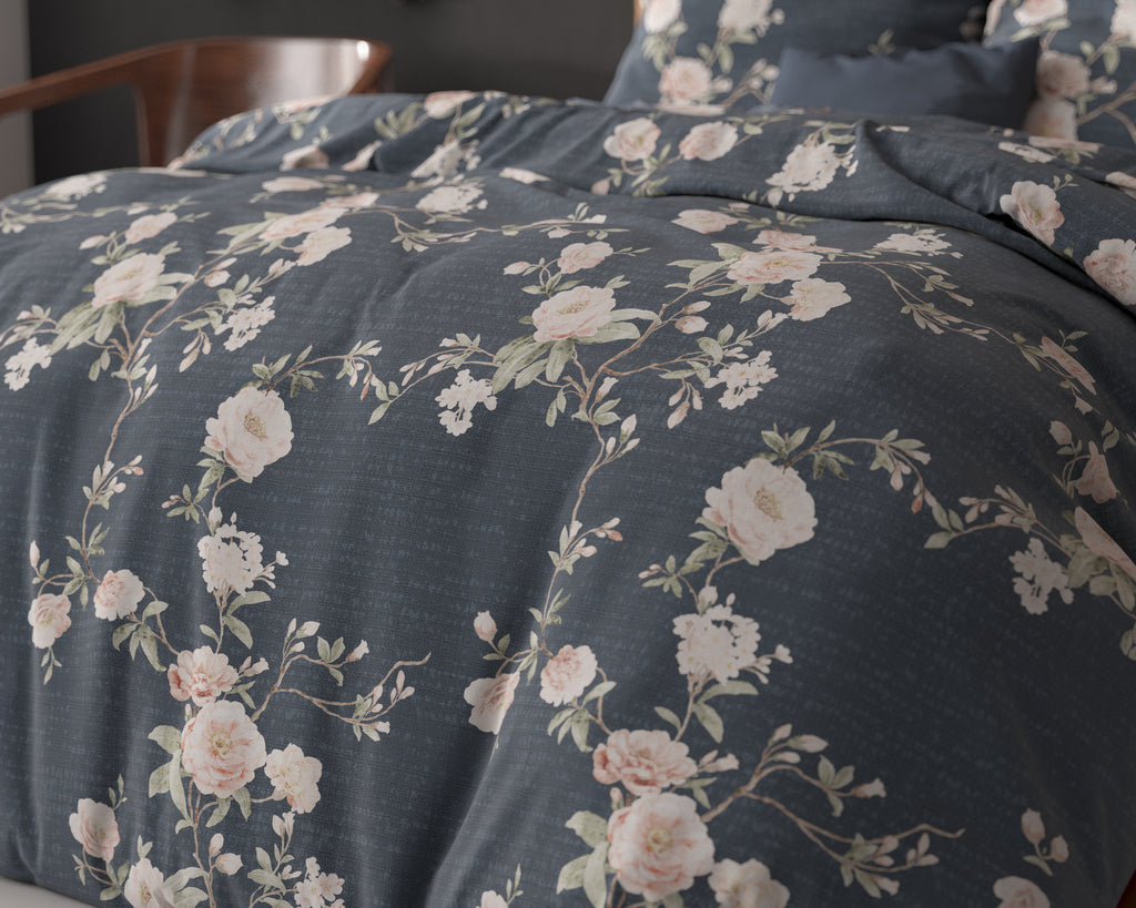 Dekbedovertrek katoen polyester Eloise 2 bloemenprint indigo 140 x 200/220 cm, met kussensloop