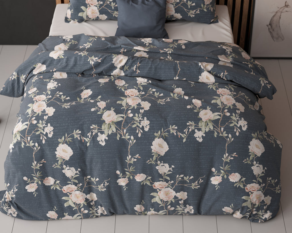 Dekbedovertrek katoen polyester Eloise 2 bloemenprint indigo 140 x 200/220 cm, met kussensloop