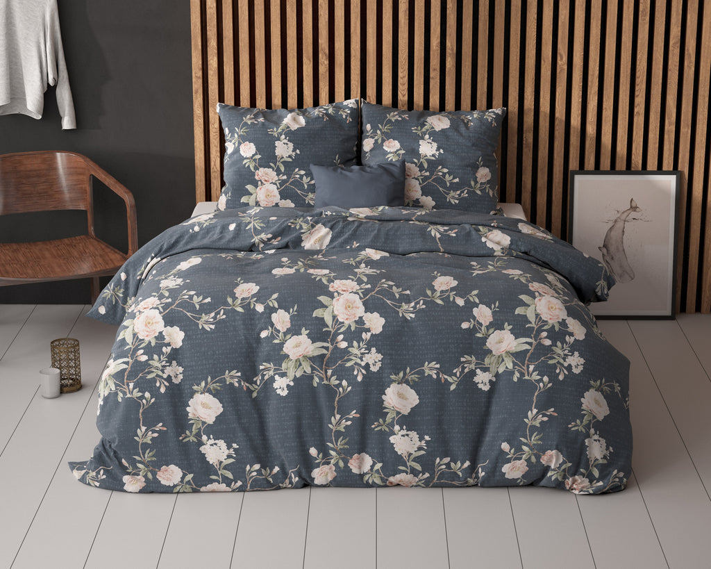 Dekbedovertrek katoen-polyester Eloise bloemenprint indigo 200 x 200/220 cm, met 2 kussenslopen