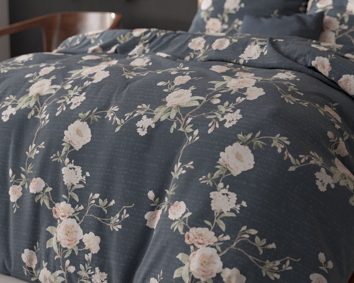 Dekbedovertrek katoen-polyester Eloise bloemenprint indigo 200 x 200/220 cm, met 2 kussenslopen