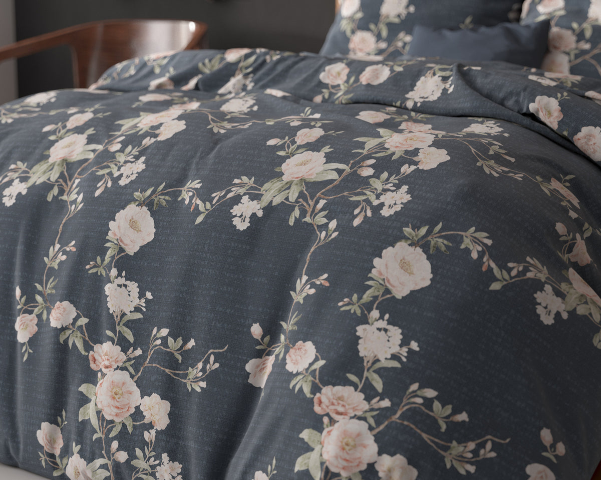 Dekbedovertrek katoen-polyester Eloise bloemenprint indigo 200 x 200/220 cm, met 2 kussenslopen