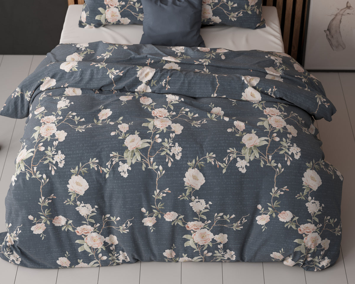 Dekbedovertrek katoen-polyester Eloise bloemenprint indigo 200 x 200/220 cm, met 2 kussenslopen