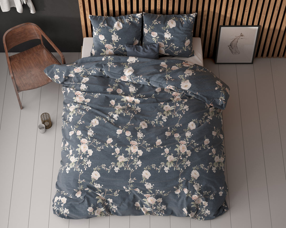 Dekbedovertrek katoen-polyester Eloise 2 indigo bloemenprint 240 x 200/220 cm, met 2 kussenslopen