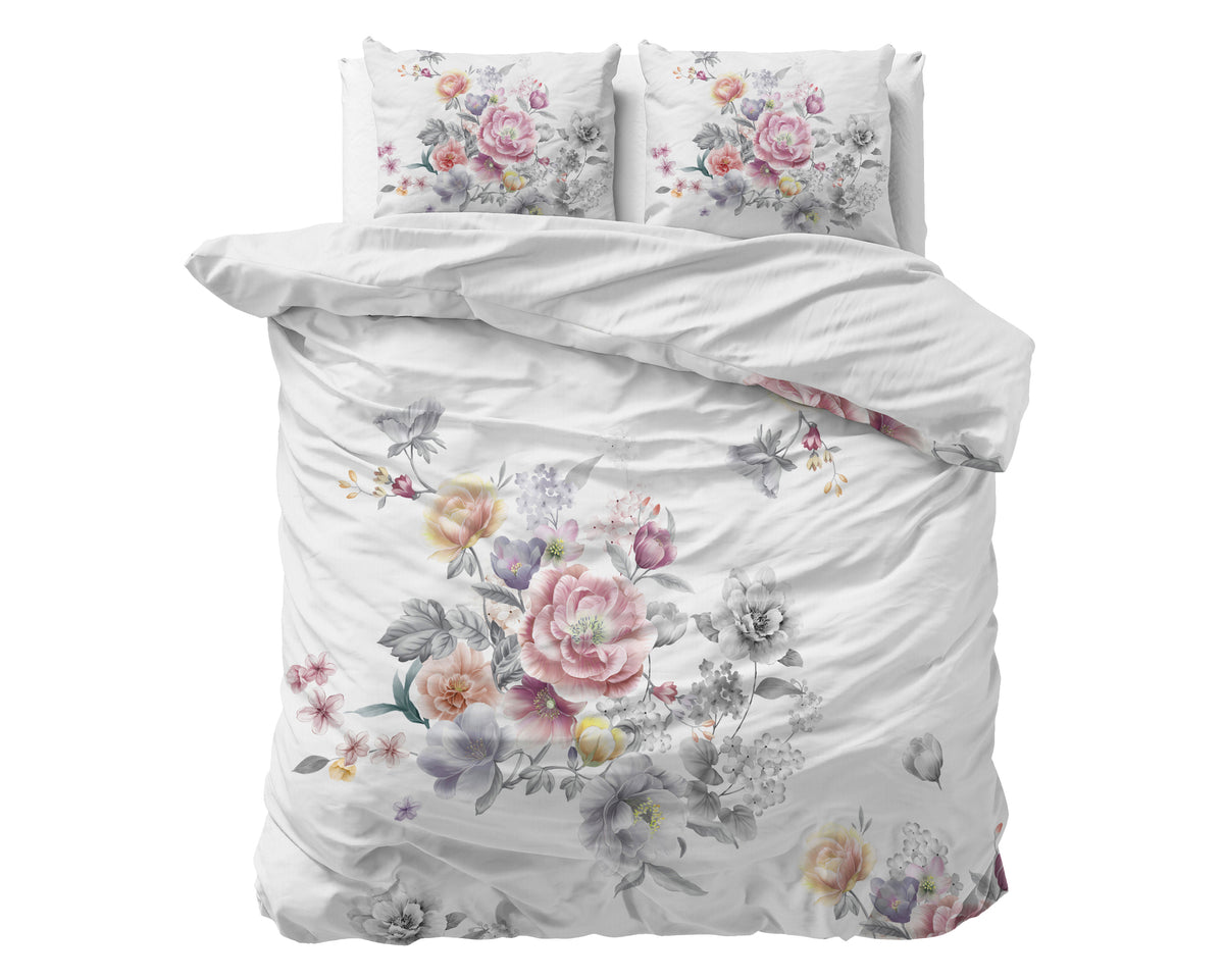 Dekbedovertrek microvezel Isabeau wit met bloemenprint 200 x 200/220 cm, met 2 kussenslopen 60 x 70 cm