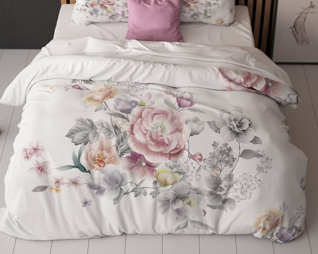 Dekbedovertrek microvezel Isabeau wit met bloemenprint 200 x 200/220 cm, met 2 kussenslopen 60 x 70 cm