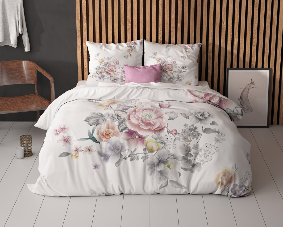 Dekbedovertrek microvezel Isabeau wit bloemenprint 240 x 220 cm, met 2 kussenslopen 60 x 70 cm