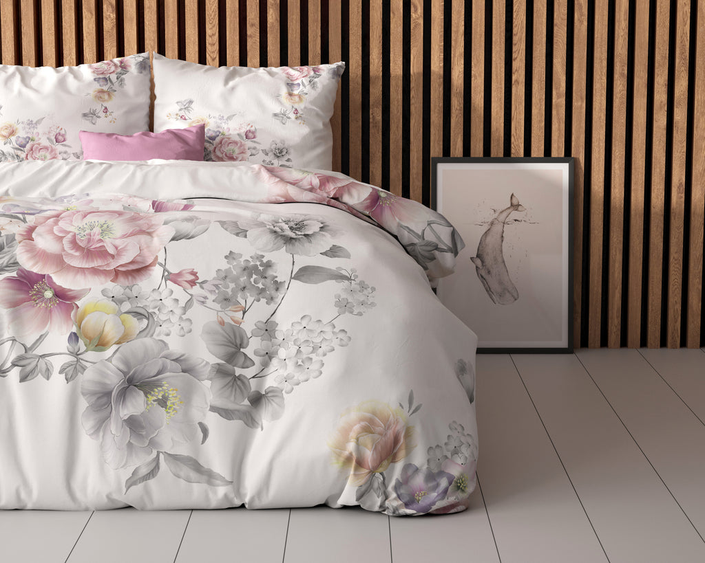 Dekbedovertrek microvezel Isabeau wit bloemenprint 240 x 220 cm, met 2 kussenslopen 60 x 70 cm