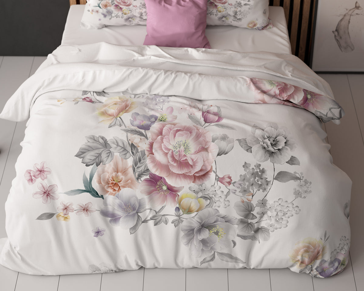 Dekbedovertrek microvezel Isabeau wit bloemenprint 240 x 220 cm, met 2 kussenslopen 60 x 70 cm