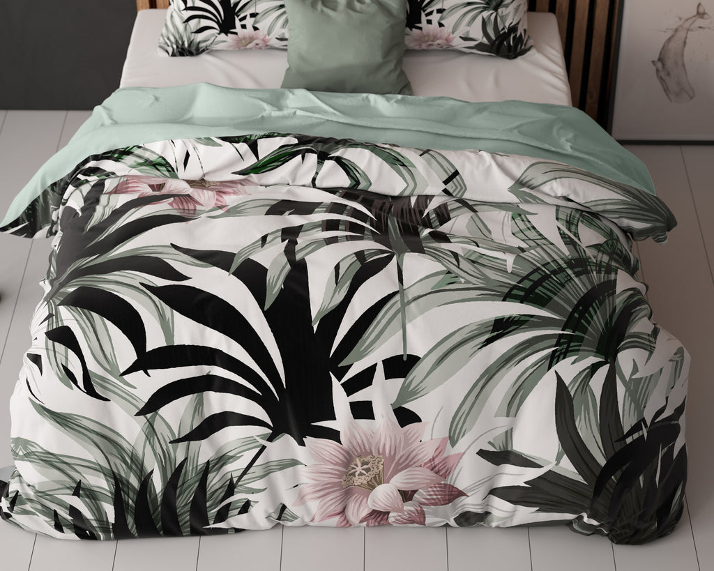 Dekbedovertrek micropercale tropische print wit grijs 200 x 220 cm, met 2 kussenslopen 60 x 70 cm