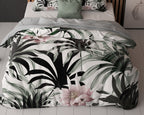 Dekbedovertrek micropercale tropische print wit grijs 200 x 220 cm, met 2 kussenslopen 60 x 70 cm