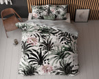 Dekbedovertrek micropercale tropische print wit grijs 200 x 220 cm, met 2 kussenslopen 60 x 70 cm