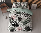 Dekbedovertrek micropercale tropische print wit grijs 200 x 220 cm, met 2 kussenslopen 60 x 70 cm