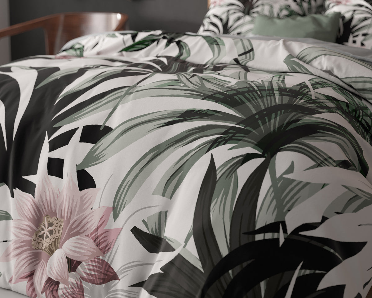 Dekbedovertrek micropercale tropische print wit grijs 200 x 220 cm, met 2 kussenslopen 60 x 70 cm