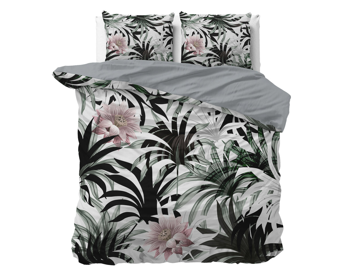 Dekbedovertrek microvezel wit met bladprint en roze bloemen 240 x 220 cm, met 2 kussenslopen 60 x 70 cm
