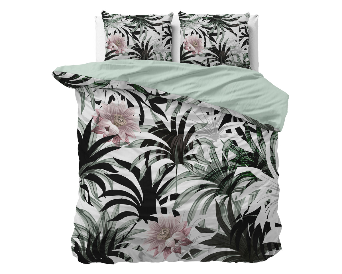 Dekbedovertrek microvezel wit met bladprint en roze bloemen 240 x 220 cm, met 2 kussenslopen 60 x 70 cm