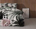 Dekbedovertrek microvezel wit met bladprint en roze bloemen 240 x 220 cm, met 2 kussenslopen 60 x 70 cm