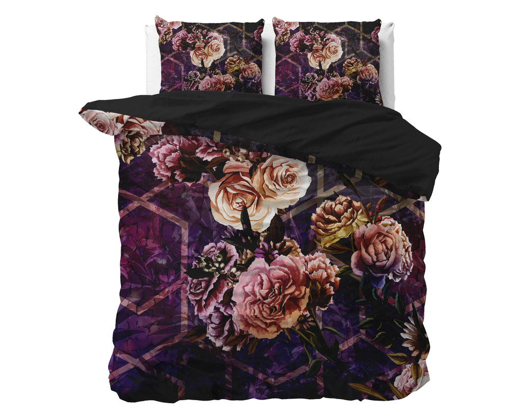Dekbedovertrek micropercal bloemenprint paars zwart 240 x 220 cm, met 2 kussenslopen 60 x 70 cm